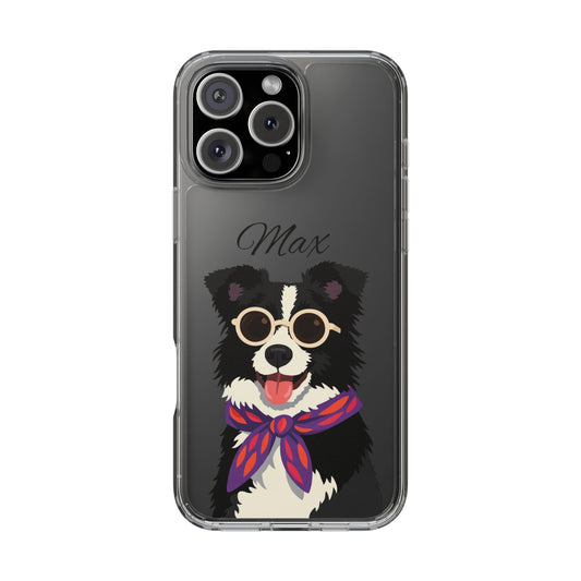 Clear Phone Case — Cute Border Collie with Sunglasses & Scarf, Personalized Name Option
